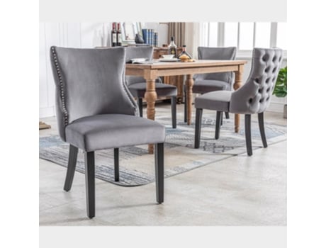 Conjunto De 4 Cadeiras De Jantar Em Veludo Cinza Com Costura De Botão E Estrutura Em Madeira Maciça. Mega Echo Trade Shop
