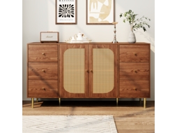 Aparador Rattan Castanho, Armário Madeira Independente, 160x40x90 Cm, Para Cozinha E Sala.