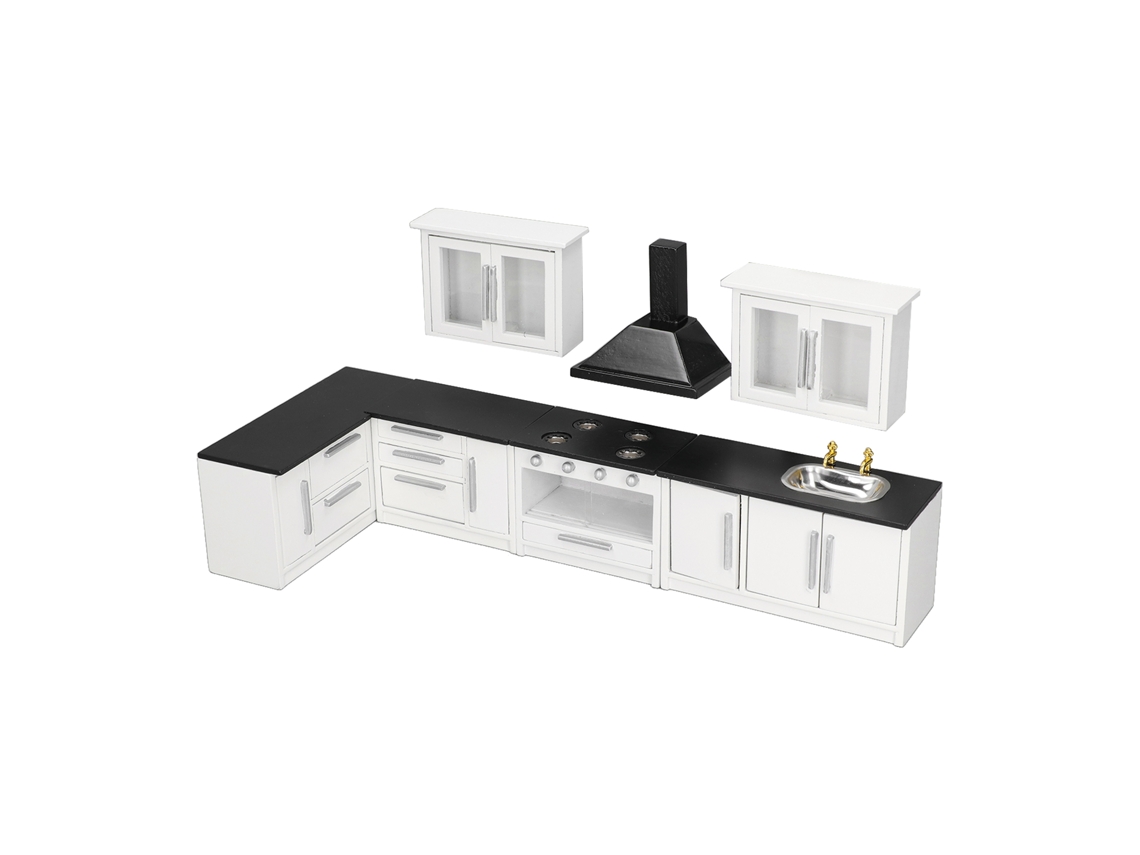 Primerox conjunto de Cozinha Moderna Miniatura 1:12 para Casinha de Bonecas com 7 Armários e Torneiras