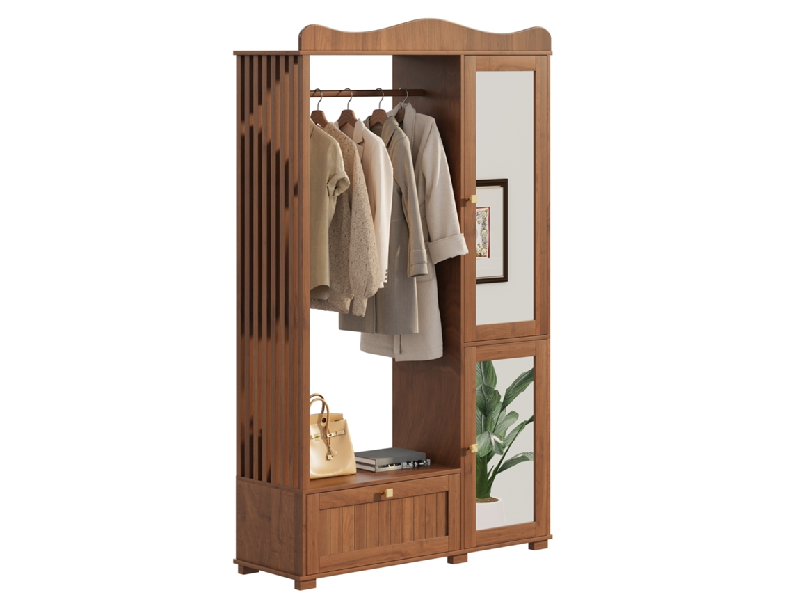 Guarda-roupa Com Espelho E Cabideiro Aberto, Compacto, Gaveta E 2 Portas Quarto/corredor.