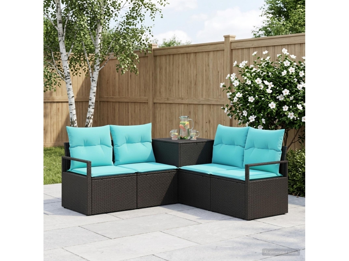 Vidaxl Conjunto De Sofás 5 Unid. Preto E Azul Rattan Poliéster E Aço