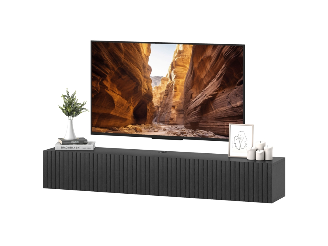 Móvel Tv Suspenso 140cm, Móvel Televisão Para Televisores 72 Polegadas, 2 Portas Basculantes, 140x25x22cm, Preto