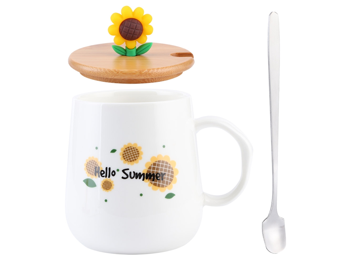 KOFIHETY Caneca de cerâmica de 420 ml com colher e tampa, linda caneca para café, água ou leite, ideal para presente.