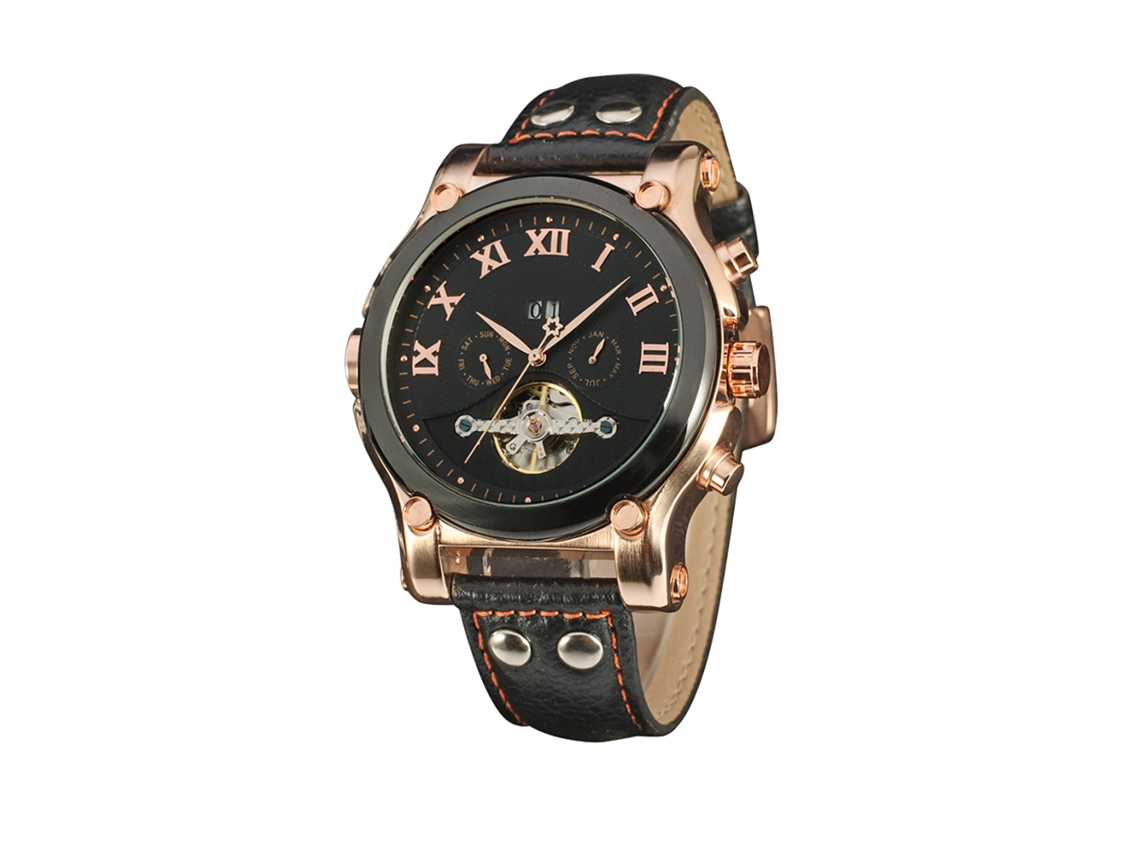 Relógio Automático Mechanico Masculino Forsining Multifuncional Pulseira Couro Preto Ouro