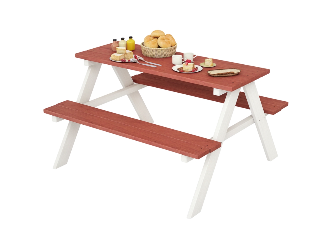Mesa de Piquenique Infantil BTFORUS com Bancos em Madeira, 89x79x50cm, marrom e branco