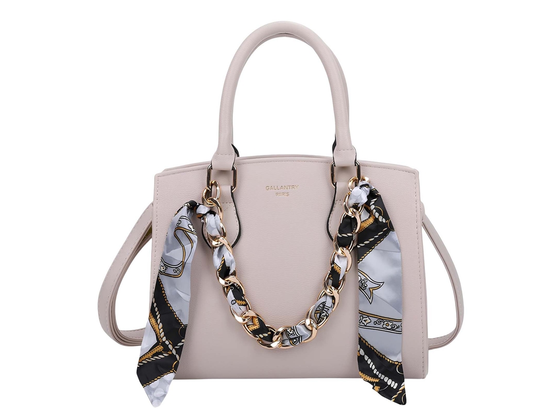 Bolsa Feminina Com Efeito Granulado, Corrente Decorativa Dourada E Lenço