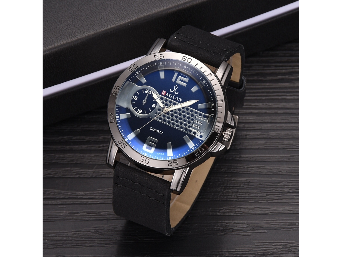 Reloj De Cuarzo Para Hombre Con Correa De Cuero Pu Dial Doble Patrón De Escala Negro Azul