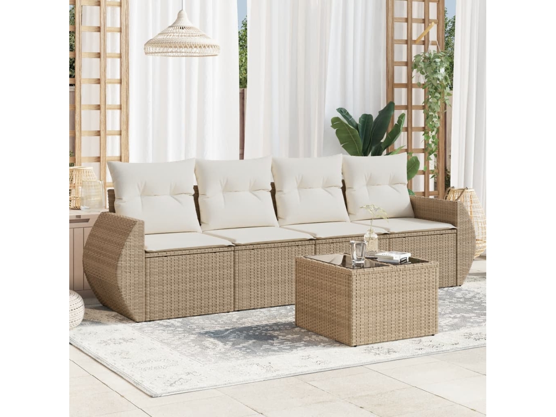 Vidaxl 5 Pcs Conjunto De Sofás P/ Jardim Com Almofadões Vime Pe Bege