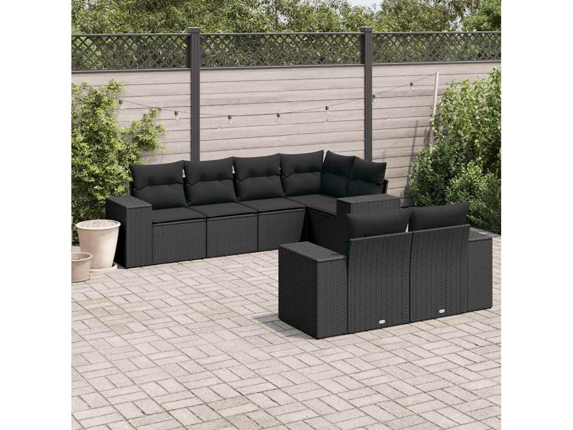 Vidaxl 7 Pcs Conjunto De Sofás P/ Jardim C/ Almofadões Vime Pe Preto