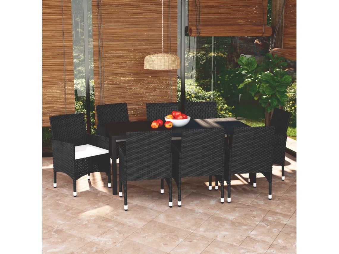Vidaxl 9 Pcs Conjunto De Jantar P/ Jardim C/ Almofadões Vime Pe Preto