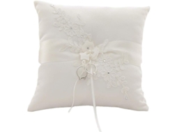 Almofada para alianças de casamento em seda fosca com renda e pérolas artificiais, 20cm x 20cm, para decoração de casamento.