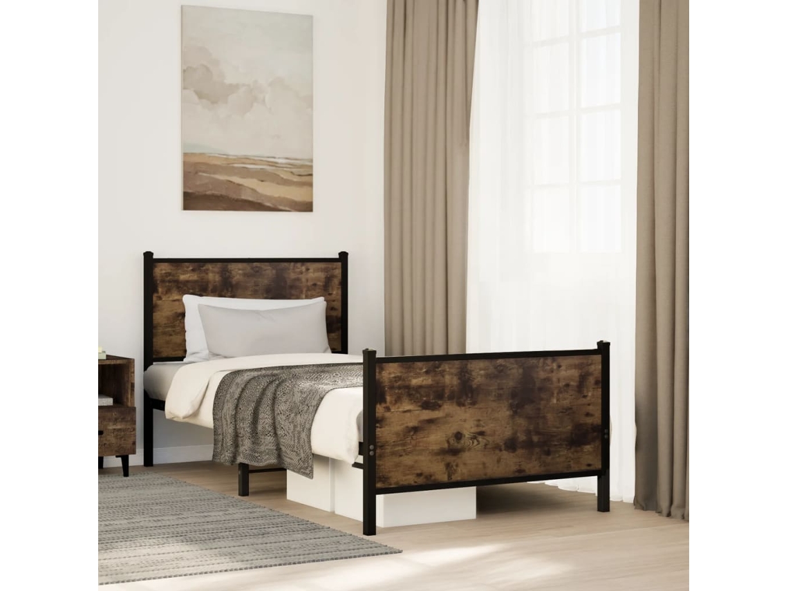 Vidaxl Estrutura De Cama Sem Colchão 75x190 Cm Metal Carvalho Fumado