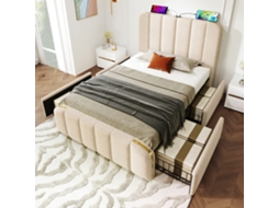 Cama Solteiro Polsterbett Bege 90x200 Cm Com Usb-c E 4 Gavetas