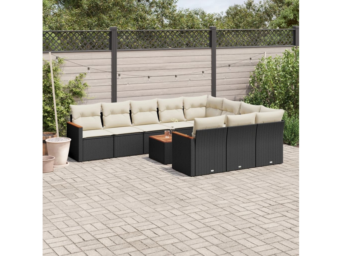 11 Pcs Conjunto Sofás De Jardim C/ Almofadões Vime Pe Preto Dkd Home Decor