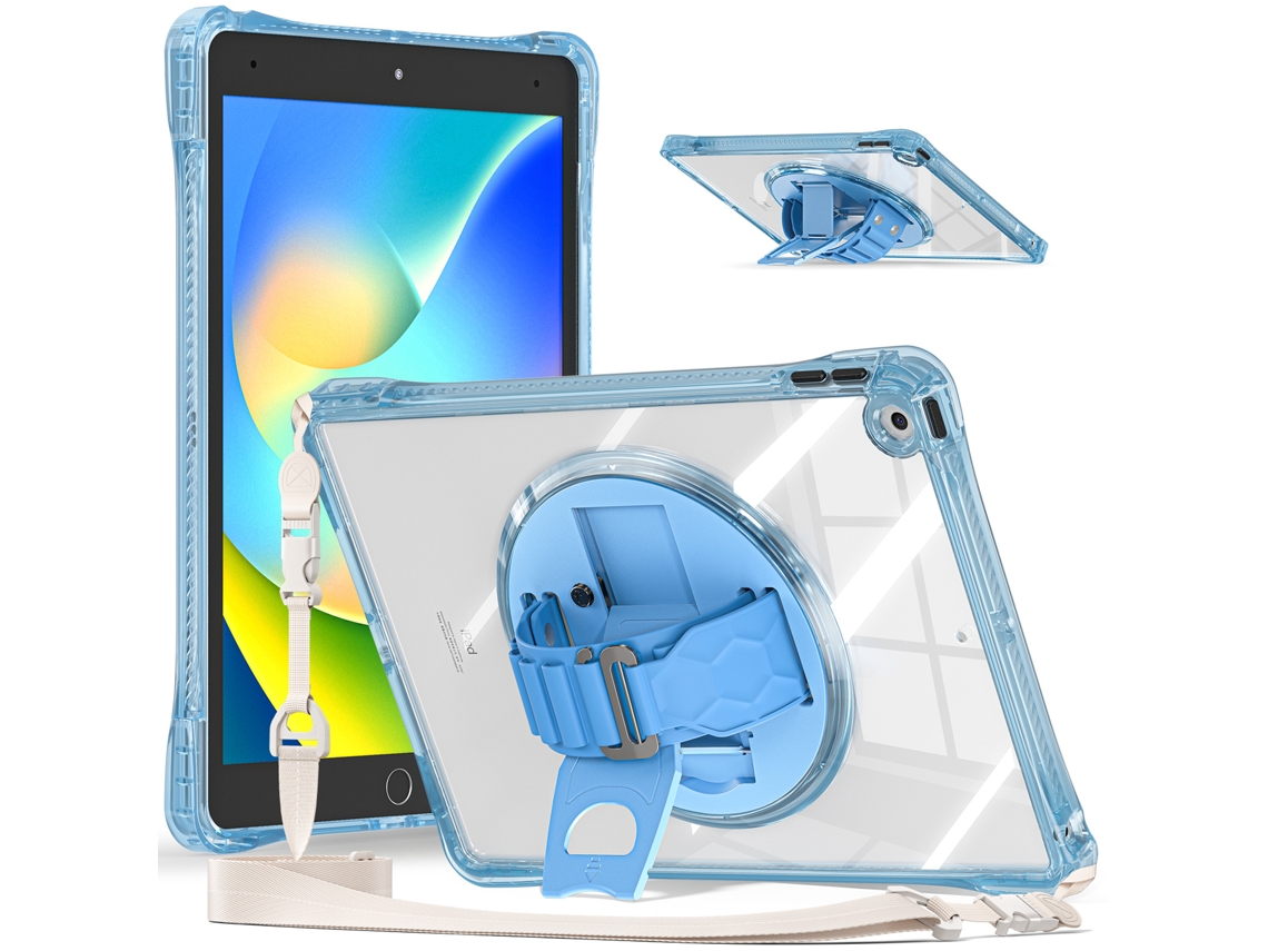 Capa Protetora Ultra Fina Transparente Para Ipad 10.2 , Com Suporte Giratório, Pegador Silicone E Cordão Azul Claro Sfushos (2019/2020/2021)