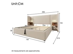 Cama Casal 160x200cm Com Mesa De Cabeceira, Luz De Leitura E Usb-c - Estrutura Em Madeira Maciça E Metal, Tons Bege, Linho (sem Colchão)