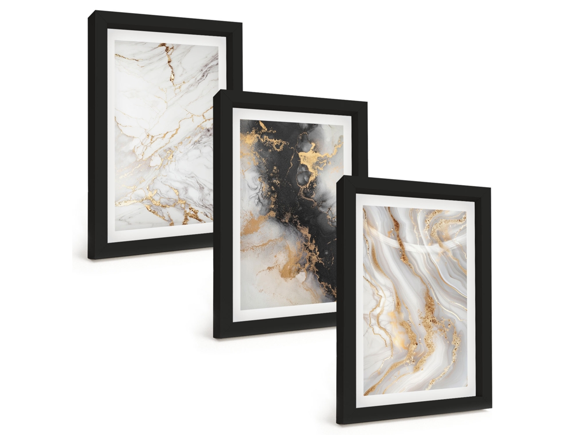 Composição De Quadros Na Parede Padrões Abstratos Em Branco E Preto Moldura Preta Quadros Para A Sala De Estar Espelharte (3 Peças 20x30 Cm)