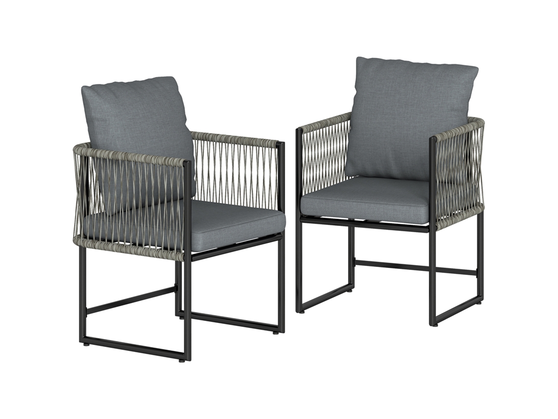 Cadeira de Jardim 2 peças resistente às intempéries aço rattan com almofada braço encosto cinza escuro BTFORUS
