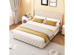 Polsterbett 180x200 Cm Mit Lattenrost, Kopfteil, Knopfpolsterung, Nieten, Holzbeine, Samt, Hellbeige