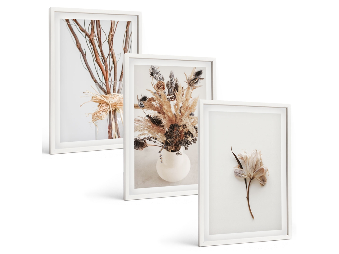 Composição De Quadros Na Parede Flores, Galhos, Minimalista Moldura Branca Quadros Para O Escritório Espelharte (3 Piezas De 40x60 Cm)