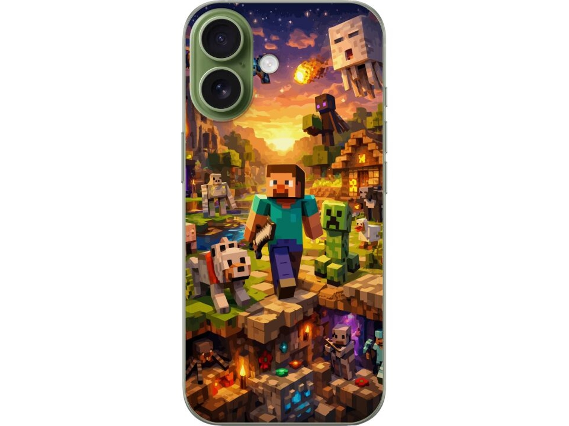 Capa Para Celular Compatível Com Apple Iphone 17 Com Aventura Em Blocos Com Steve, Animais E Monstros Em Um Mundo Voxel Colorido.