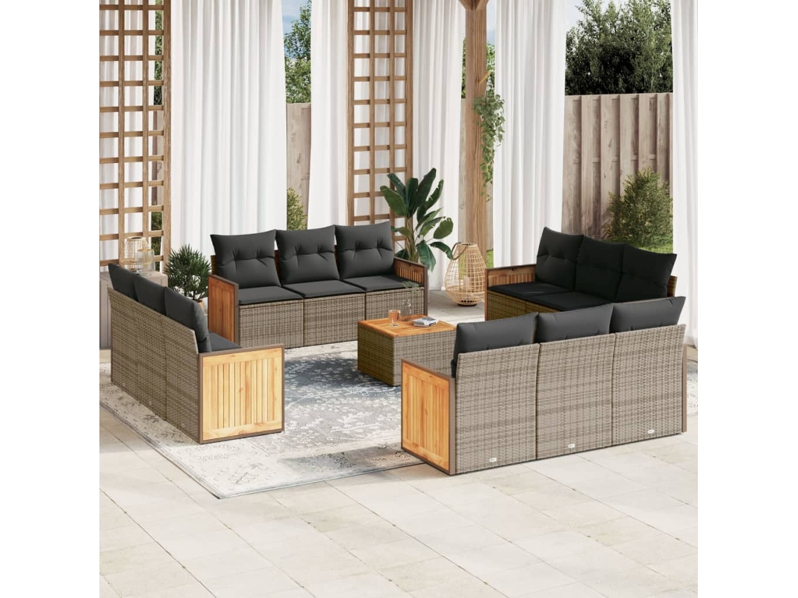Vidaxl 13 Pcs Conjunto Sofás P/ Jardim C/ Almofadões Vime Pe Cinzento