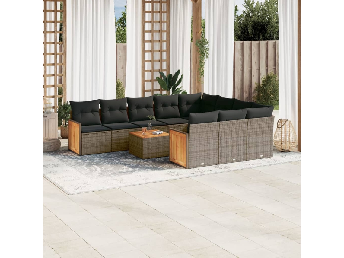 Vidaxl 11 Pcs Conjunto Sofás de Jardim C/ Almofadões Vime Pe Cinzento