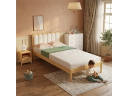 Cama Infantil Estofada 90 x 200 cm, Cabeceira Acolchoada em PU com Design Ondulado, Base de Ripas Estável, Estrutura em Madeira Maciça, Bege e Natural