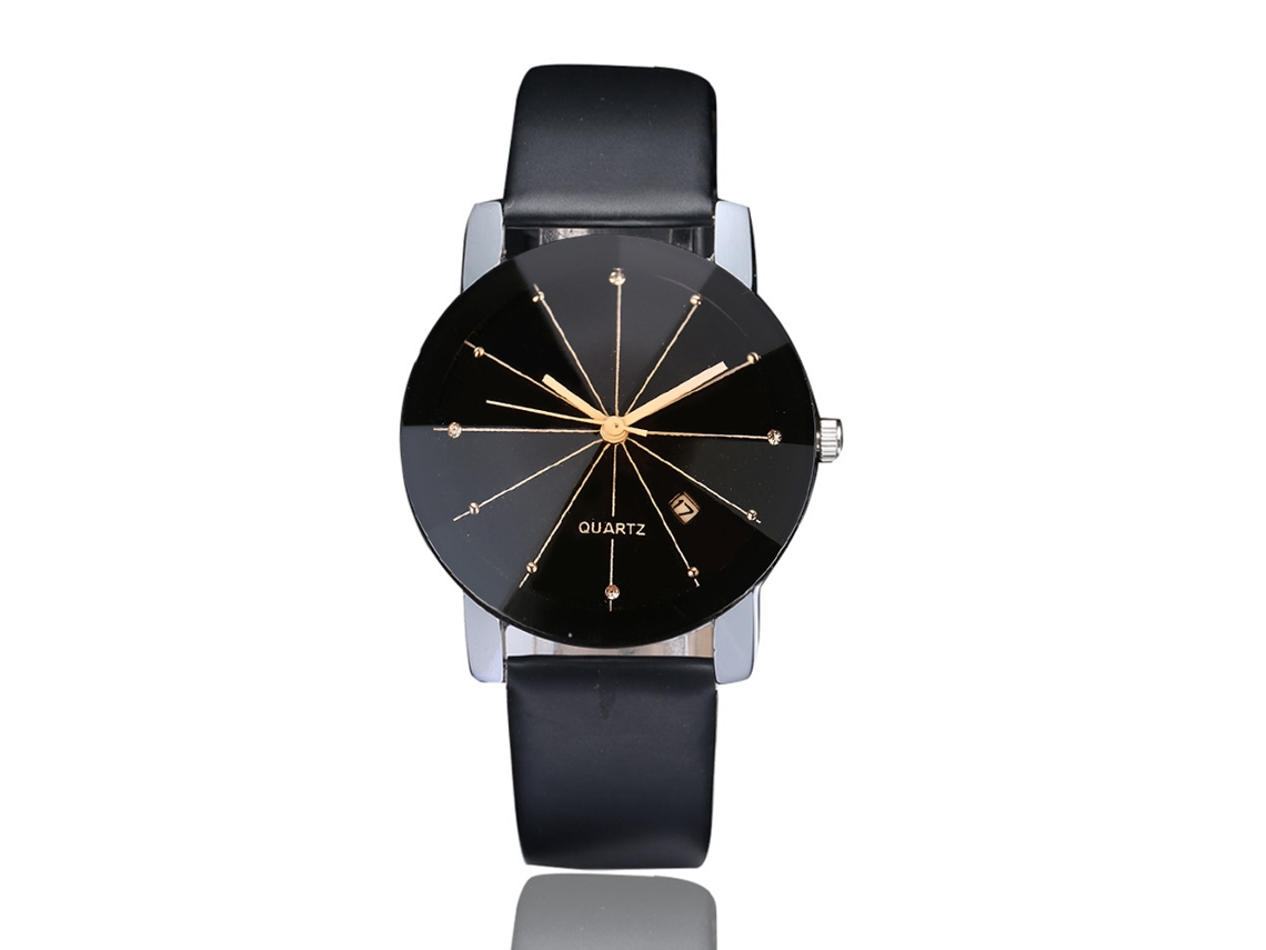 Relógio de quartzo unissex com pulseira de couro PU, mostrador grande e moderno e pedras pretas.