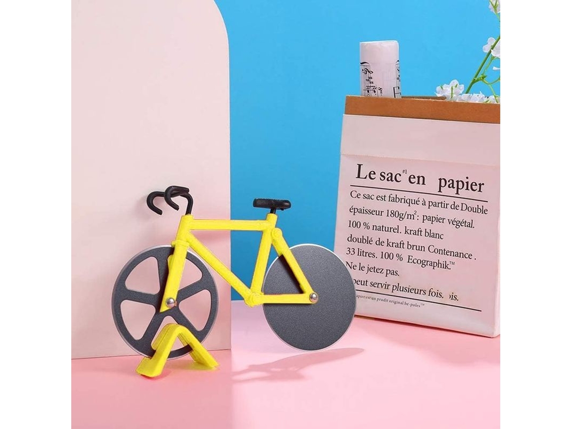 Cortador de pizza em formato de bicicleta com rodas antiaderentes de aço inoxidável e suporte.