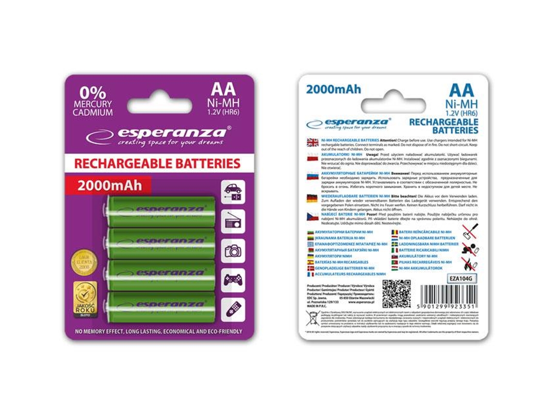 Pilhas Aa ESPERANZA 2000mah para Celulares, Controles Remotos e Tocadores de Música. (4 Unidades)