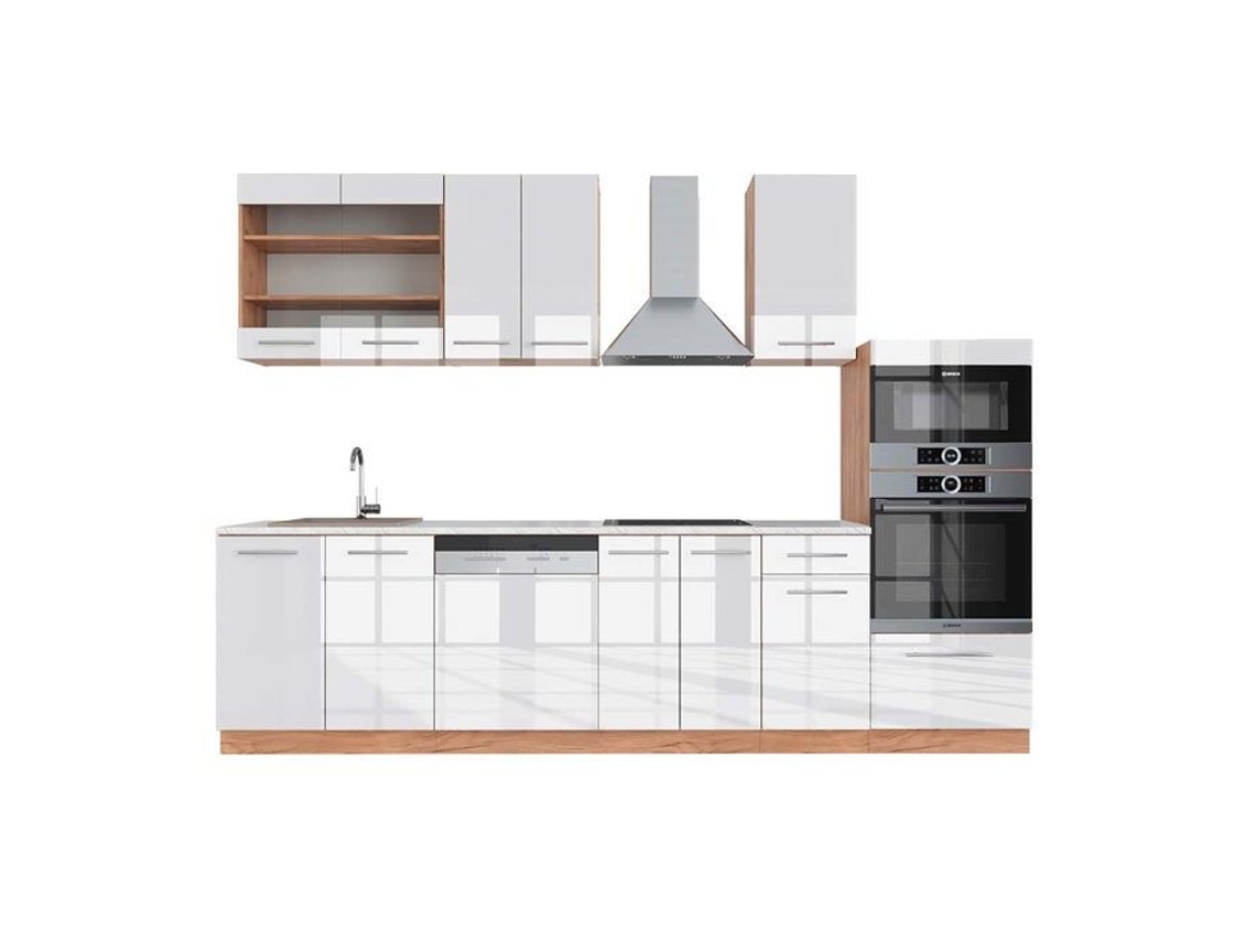 Cozinha Fame-Line, 300 cm com armário alto, Mármore PT, Branco brilhante/Carvalho dourado, Vicco