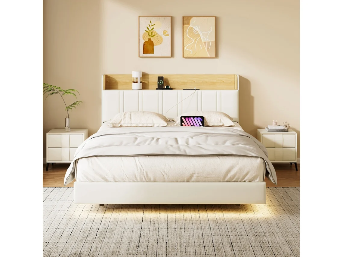 Cama De Casal Flutuante 140x200cm Com Luz Led Rgb, Cama Com Cabeceira Ajustável, Estofada Em Pu Preto, Carregamento Usb-c E Arrumação, Design Moderno