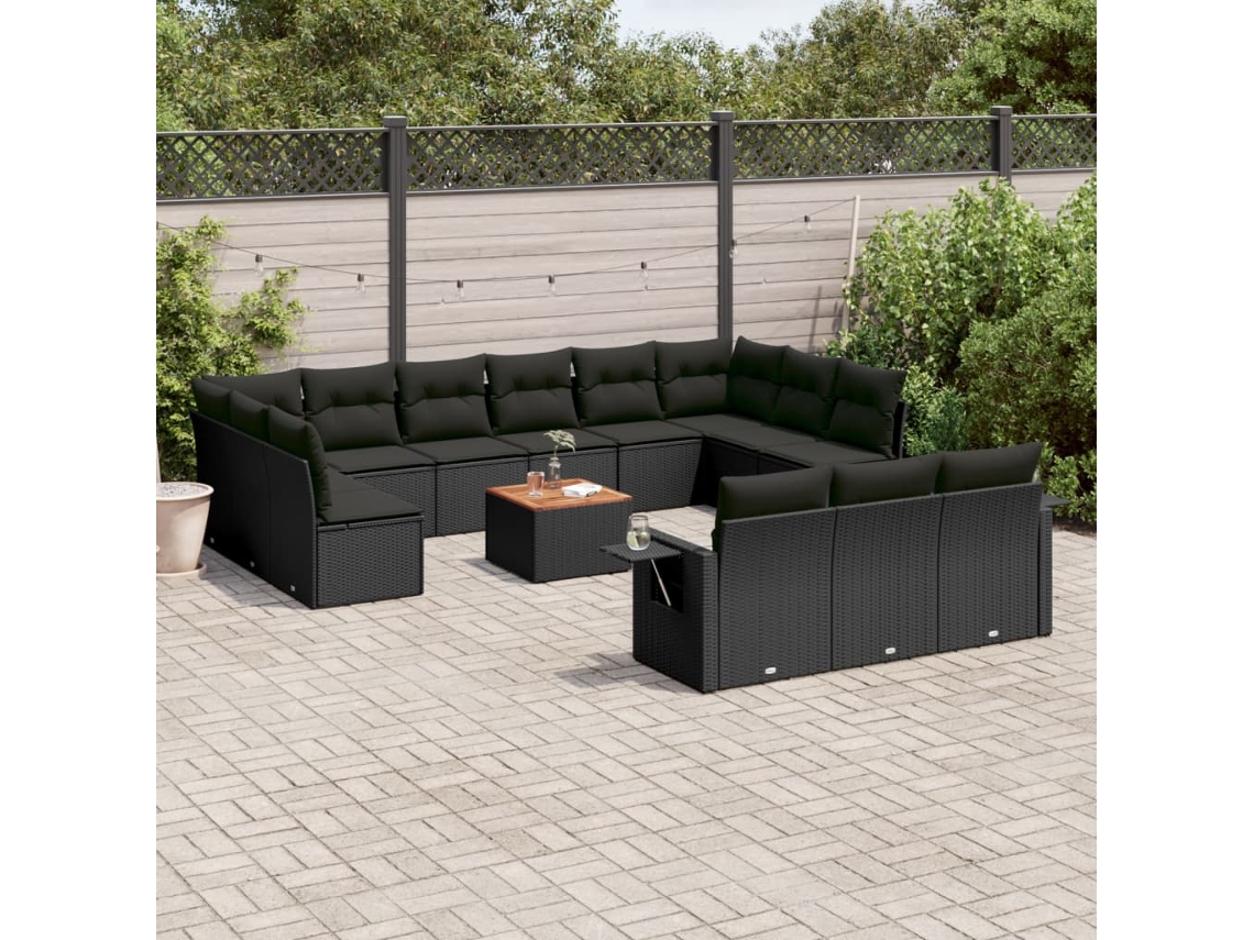 Jogo de Sofá 14 Peças P/ Jardim C/ Almofadões Vime Pe Preto Dkd Home Decor