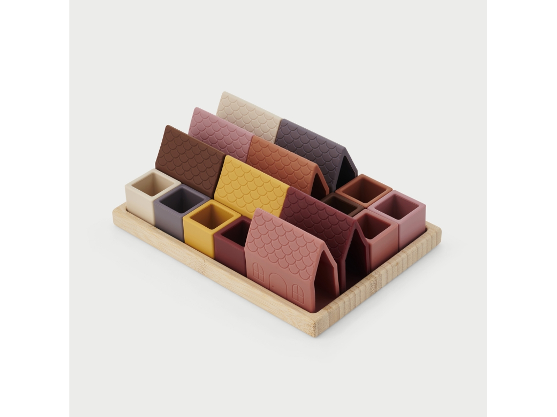 Blocos De Montar Tickit Silisoft Para Construção De Vila, Multicoloridos, Com Bandeja De Bambu.