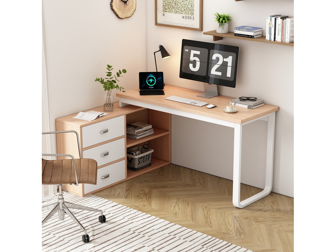 Mesa Escritório Simples, 3 Gavetas, 2 Nichos, Tubo Aço Maciço - Tampo Amplo Natural