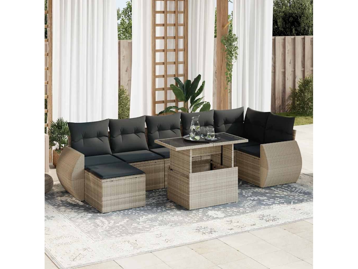 Vidaxl 8 Pcs Conj. Sofás Jardim C/ Almofadões Vime Pe Cinzento-claro