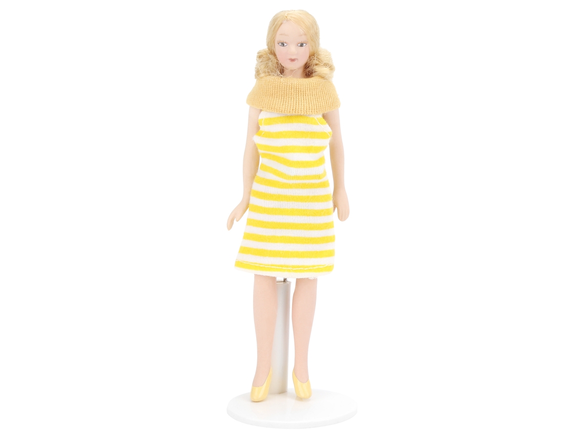 Mali boneca de Menina com Vestido Amarelo Cabelo Loiro para Casa de Bonecas 1:12