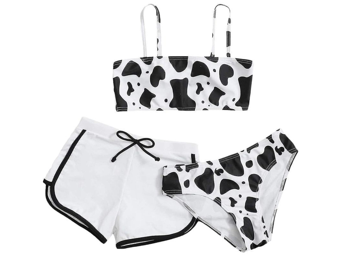 Traje de baño Fasst 3 piezas para niña, estampado vaca, con shorts de poliéster cómodo