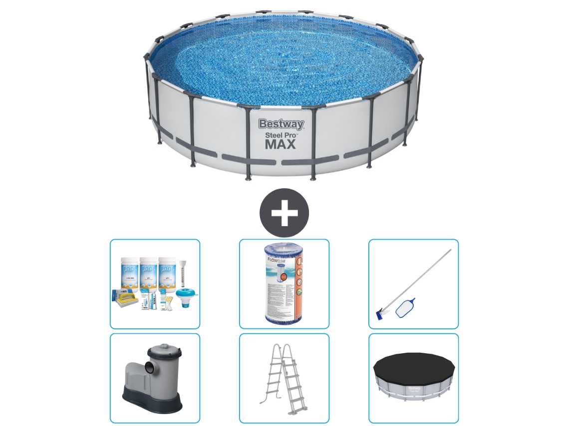 Piscina BESTWAY Round Steel Pro Max 488 X 122 Cm Cinza Incluindo Bomba Escada Cobertura Pacote de Manutenção Filtro Kit de Limpeza