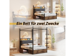 Cama 90x190cm Dossel Fer Forjado, Led, Usb c, Gavetas, Armazenamento, Preto KOMHTOM