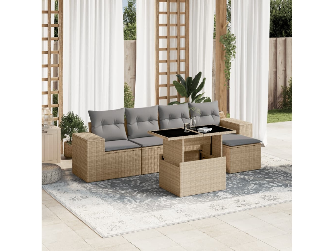 Vidaxl 6 Pcs Conjunto De Sofás P/ Jardim Com Almofadões Vime Pe Bege