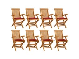 Cadeiras De Jardim C/ Almofadões Vermelhos 8 Pcs Teca Maciça Dkd Home Decor