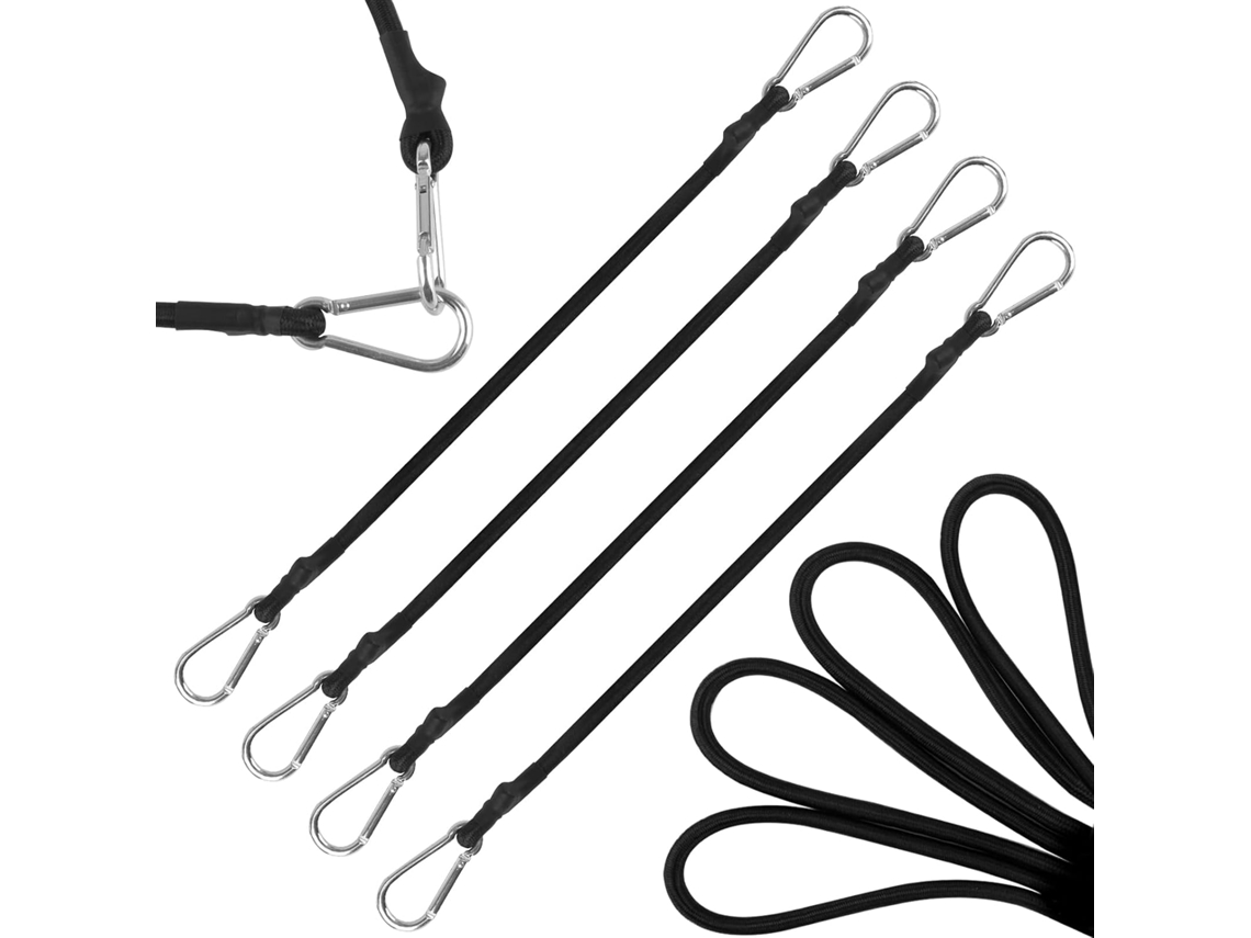 Conjunto de 4 cordas elásticas de 60 cm com mosquetão, ideais para bagagem e camping.