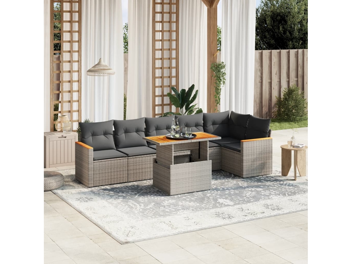 7 Pcs Conjunto Sofás P/ Jardim C/ Almofadões Vime Pe Cinza Dkd Home Decor