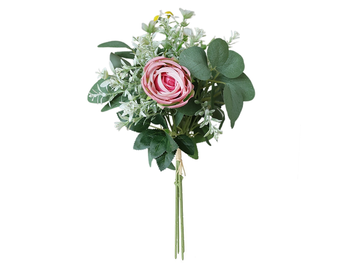 Rosas Simuladas (buquê Rosa, Combinadas Com Folhas De Eucalipto) Eoocoo