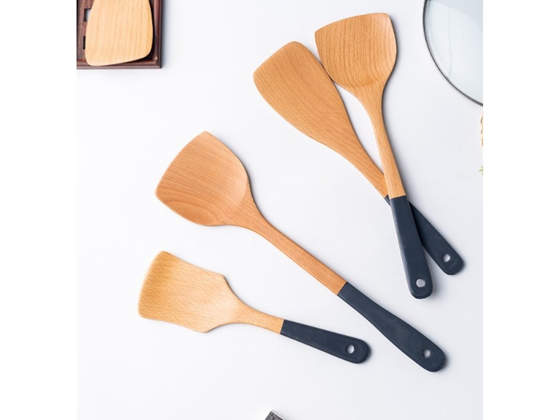 Conjunto De Panelas Antiaderentes Com Cabo De Madeira Colher De Sopa Concha Espátula Acessórios Para Cozinha Utensílios Colorido A