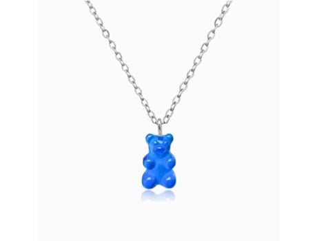 Colar FEIRA DE BIJU Urso Azul 45Cm Aço Inox Prateado