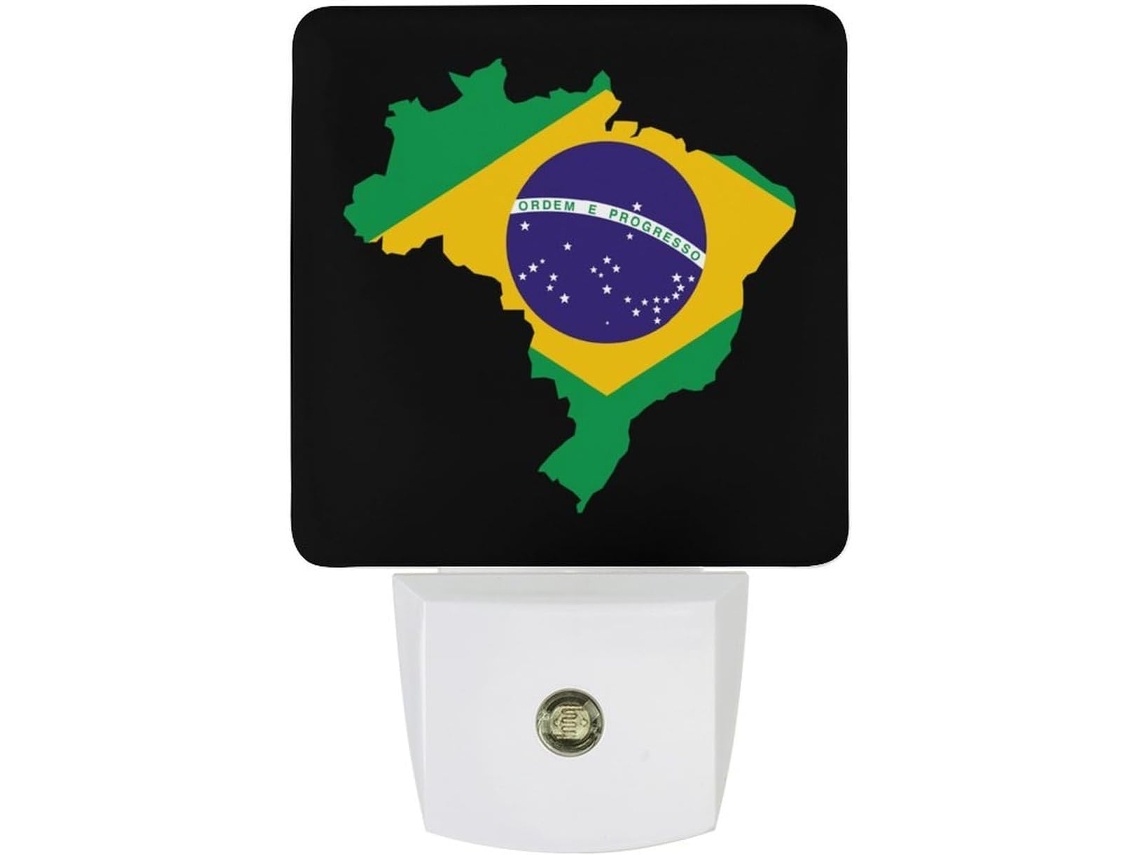 Luminária noturna de LED com mapa e bandeira do Brasil e sensor crepuscular.