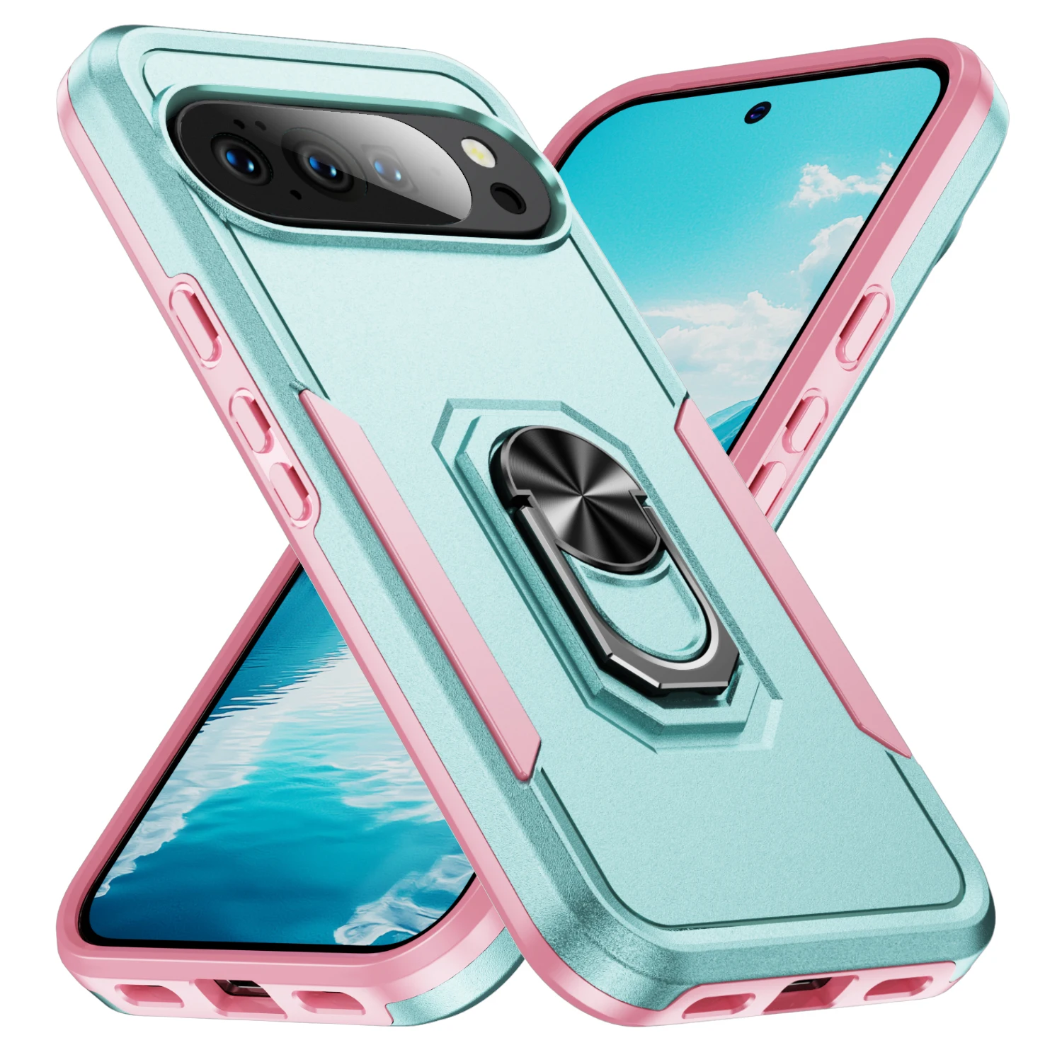(verde-rosa, Google Pixel 7) Capa Resistente Com Suporte Magnético Veicular, Anel De Apoio E Proteção Contra Quedas